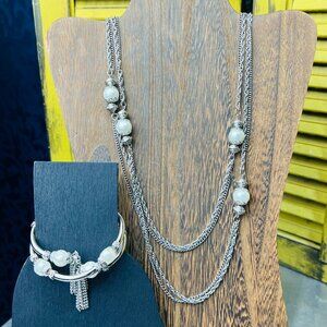 Vintage Early Miriam Haskell Silvertone Faux Pearl Necklace & Bracelet Set
